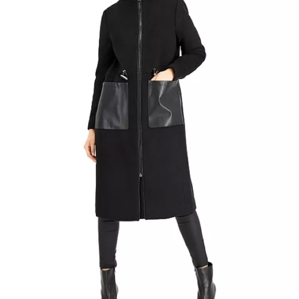 Calvin Klein Women's Stand Collar Walker Coat,  Black Sz XL Faux-Leather Pocket